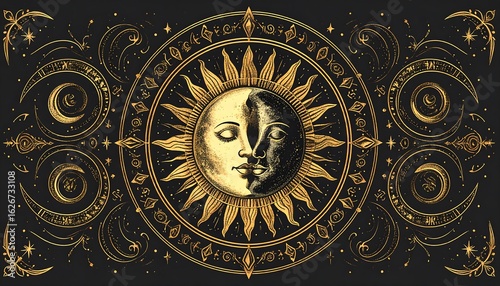 Golden sun and moon celestial design