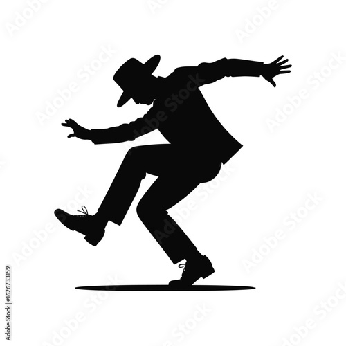 Silhouette of a man in a hat and suit dancing energetically