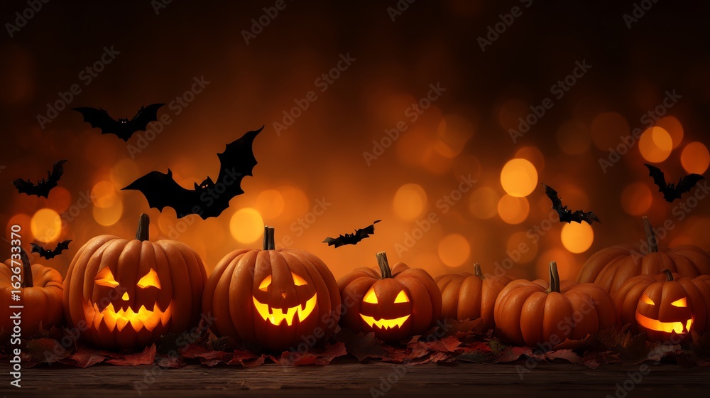 Fototapeta premium Eerie enchantment: Spooky jack-o'-lanterns aglow, celebrate halloween night ambiance