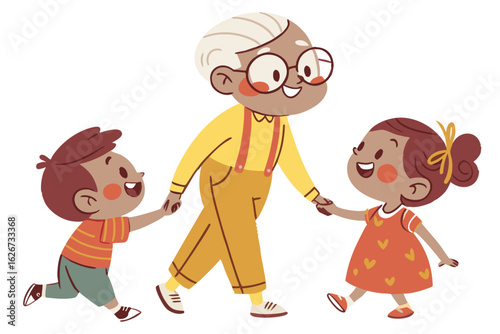 Happy grandfather walking with his two smiling grandchildren holding hands outdoors