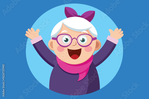 Joyful elderly woman with white hair pink glasses and purple scarf celebrating with raised arms