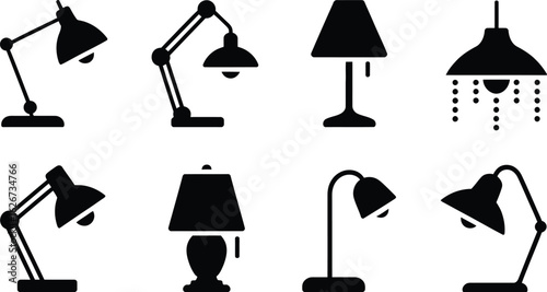 Collection of eight diverse black silhouette desk and pendant lamps