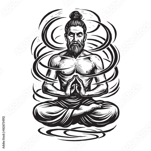 Yoga master levitating with swirling energy lines