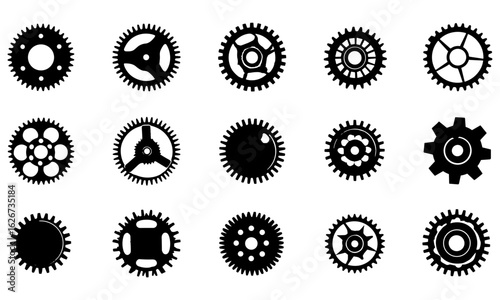 Mechanical gear shapes and black cogwheel vectors set, industrial machinery sprocket designs, engineering symbols, abstract gearwheel graphics, technology equipment illustration