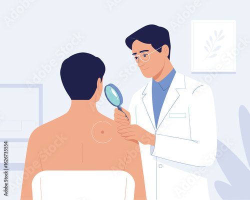 Dermatologist examining a patient's mole on the back during a medical skin checkup