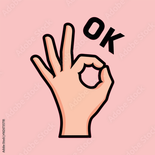 Cartoon hand forming ok gesture with text on pink background fingers thumb