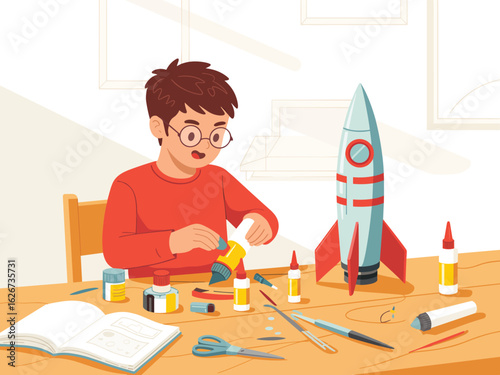 A flat vector illustration of a young boy building a model rocket at a crafting table.