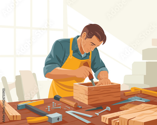 A flat vector illustration of a craftsman doing woodwork in his workshop.