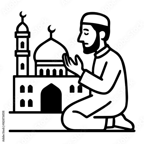 Muslim Man Praying in Front of Mosque - Black and White Vector