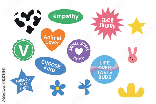 Collection of colorful graphic elements with positive messages and animal motifs empathy act now