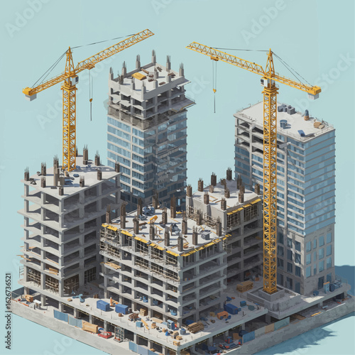 Modern city construction site, with cranes and unfinished skyscrapers.