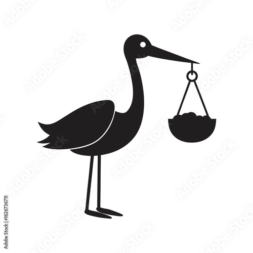 silhouette of stork holding a baby basket icon ove vector art
