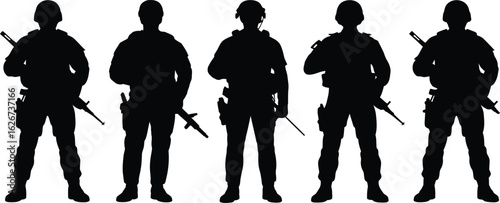 Five soldiers silhouetted standing with rifles against a white background
