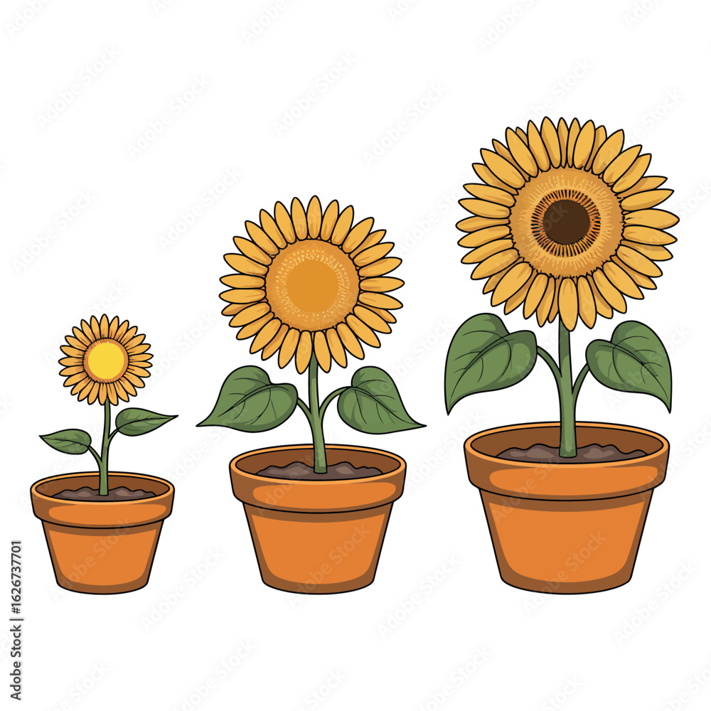 Obraz premium Progression of sunflowers in terracotta pots illustration of growth and development with stages from seedling to full bloom isolated on white background