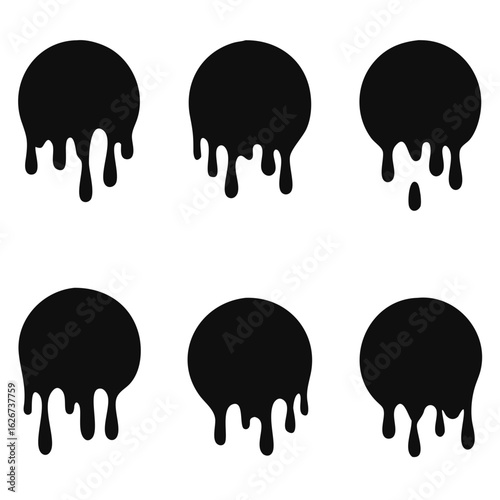 Paint drip stickers set, circle with melt drop icon, graffiti paint drip blobs. vector illustration