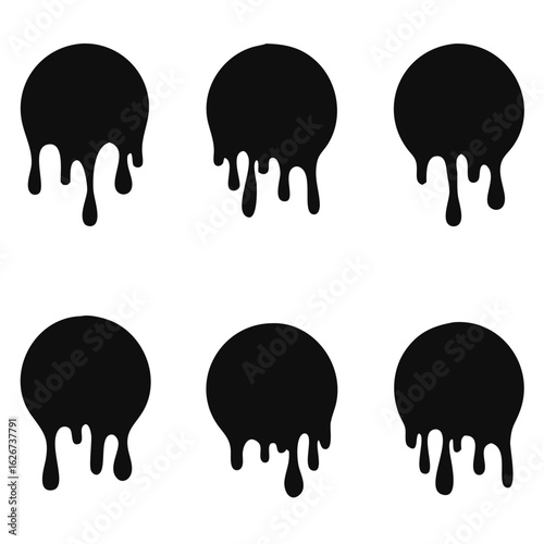 Paint drip stickers set, circle with melt drop icon, graffiti paint drip blobs. vector illustration