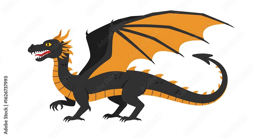Fototapeta premium Standing Black Dragon with Orange Wings Isolated on White