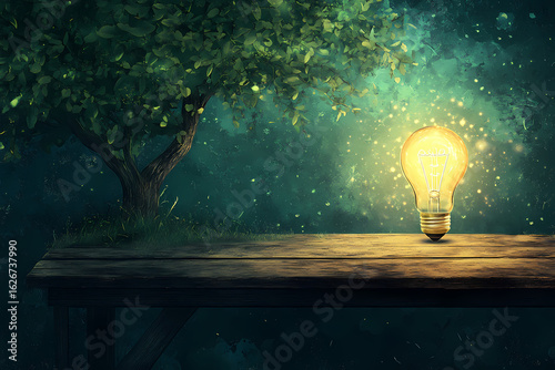 Glowing Lightbulb on a Wooden Table in a Lush Green Forest Creative Idea Illustration