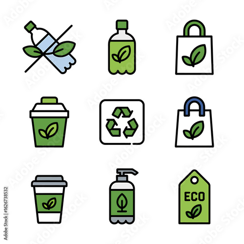 Collection of eco friendly and sustainable lifestyle products icons set for a green living concept and environmental conservation awareness illustration