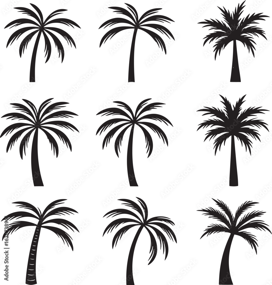 Obraz premium Set of black palm tree silhouette icons