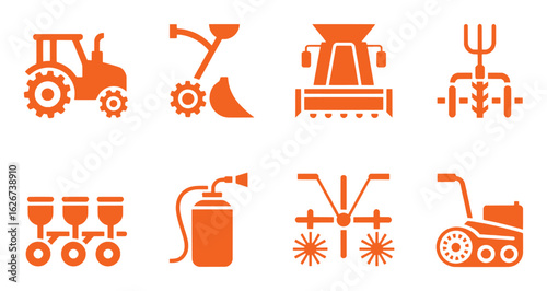Orange agricultural machinery icons tractor plow