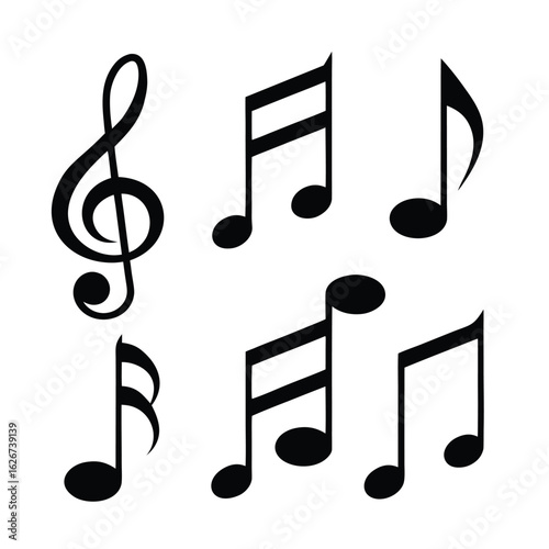 Assortment of Black Music Notes and Symbols on White Background treble clef eighth note