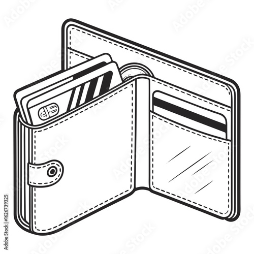 Open wallet with credit cards and cash inside illustration