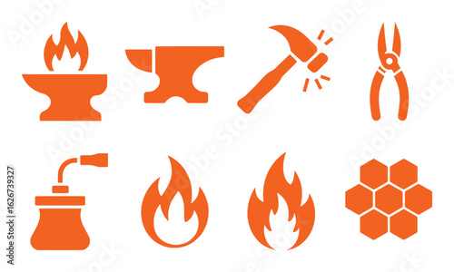 Orange forge tools and fire symbols collection vector silhouette