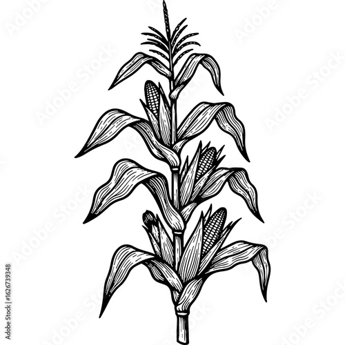Detailed botanical illustration of a corn plant, vintage hand-drawn maize stalk with ears. Engraving style for agriculture and food.