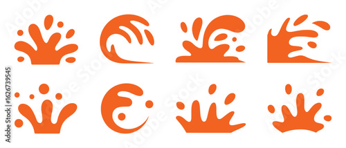 Orange liquid splashes and droplets abstract shapes splatter water