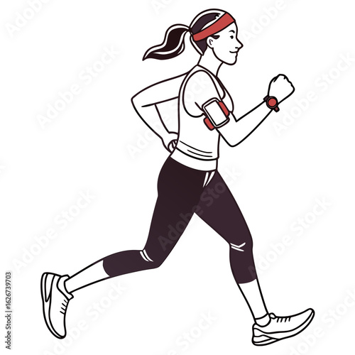 Woman running with fitness tracker and phone armband