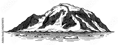 Antarctica Snowy Mountain Landscape with Ice Floes in Water Black and White Outline Line Art Drawing