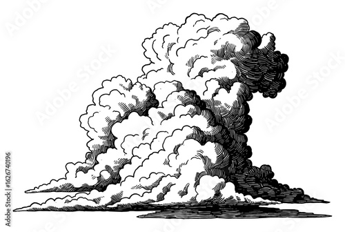 Beautiful Clouds Formation Black and White Outline Line Art Drawing Vintage Engraving Style Isolated