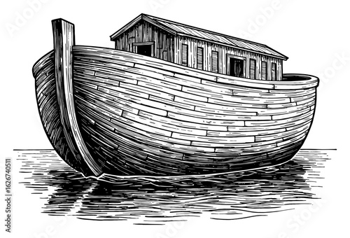 Empty Noahs Ark Boat Vessel Floating on Water Black and White Outline Line Art Drawing Vintage Engraving