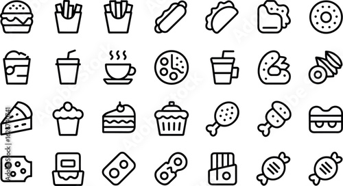 Line Art Culinary Icons Minimalistic collection of line art food and drink icons, perfect for culinary and graphic design projects, featuring various delicious food and beverage items.