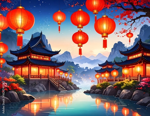 Asian temple scene at dusk, lanterns