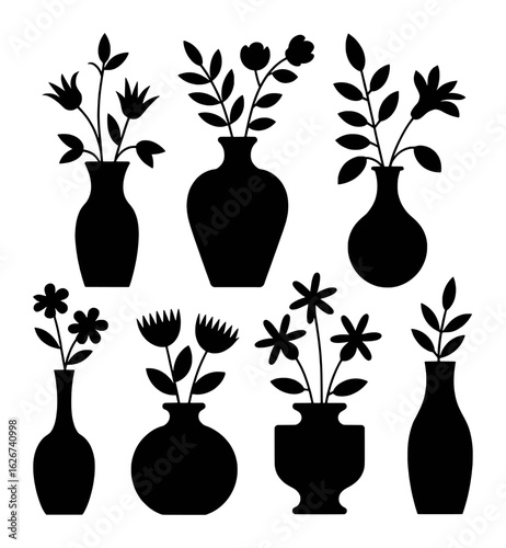 Black floral silhouettes in vases flower white