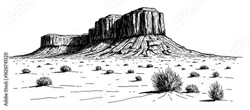 Vast Empty Desert Landscape with Majestic Mesa Formation America Black and White Outline Line Art Drawing