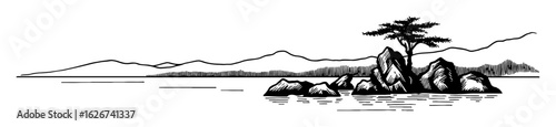 Empty Lake and Rocks Landscape with Chinese Oriental Art Style Black and White Outline Line Art Drawing