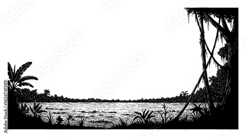 Empty Jungle Panorama Black and White Outline Line Art Drawing with Lush Tropical Forest and River Landscape