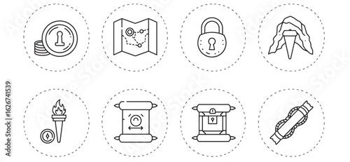 Exploration adventure and treasure hunt icons representing discovery journey and secrets