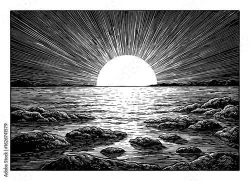 Dramatic Sea Scenery with Sun Rise Over Horizon and Foreground Rocks Black and White Outline Line Art Drawing