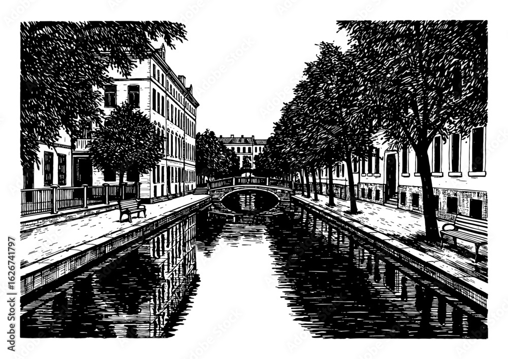 Fototapeta premium Canal in a Central Park with Retro Buildings Bridge Water and Trees Black and White Outline Line Art Drawing