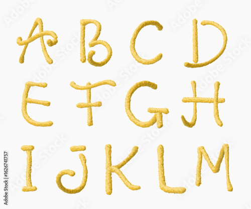 Embroidery alphabet letters from A to M in warm yellow stitched texture. Created in handmade threadwork style, suitable for autumn lettering or children’s projects.