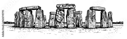 Ancient Stonehenge Monument in Detailed Black and White Outline Line Art Drawing Vintage Engraving Style Isolated