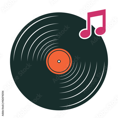 Vinyl Record with Musical Note Vector Illustration. A vinyl record with concentric grooves and a bright orange label in the center. A magenta musical note is placed above the record