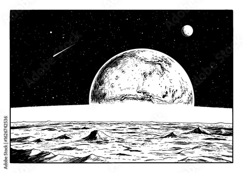 Space View with Mars Planet Rising Above Alien Landscape and Shooting Star Black and White Outline Line Art Drawing