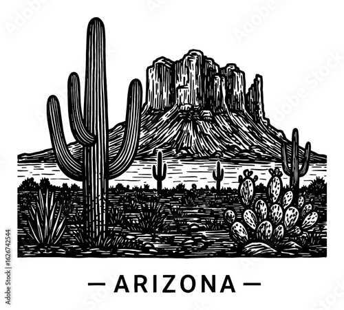 Simple Arizona Desert Landscape with Saguaro Cactus and Mountain Black and White Outline Line Art Drawing with Arizona Text