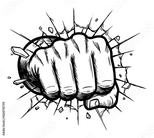 Powerful Muscular Hand Fist Punching Through Breaking Glass Black and White Outline Line Art Drawing