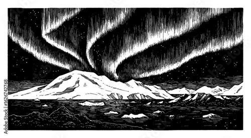 Antarctica Landscape with Aurora Northern Lights Over Mountains and Ocean Black and White Outline Line Art Drawing